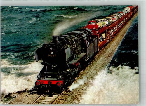 W2280 Morsum , Sylt Dampflokomotive 50 2783 mit Autoreisezug auf dem Hindenburgdamm Eisenbahnzug Foto AK