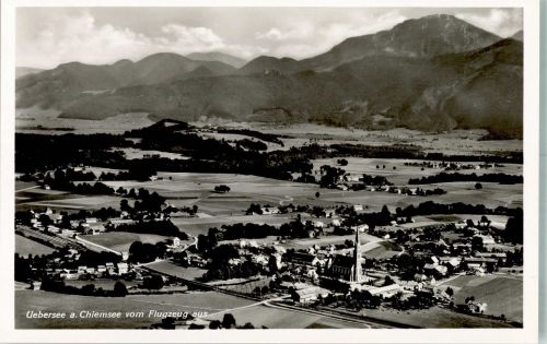 83236 W8212 Übersee 1938 Foto AK Fliegeraufnahme des Ortes mit Kirche St. Nikolaus