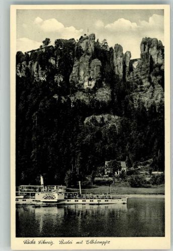 01847 O8351 Bastei - Elbeschiff Raddampfer Schmilka unterhalb des Felsens