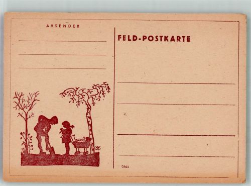 Feld-Postkarte Kinder bei der Gartenarbeit Feldpost WK I / WK II Gebrauchsspuren