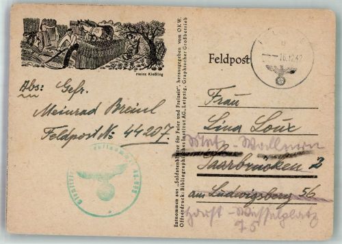 sign. Kießling, Heinz Bauen bei der Erntearbeit Feld-Postkarte Feldpost WK I / WK II 1942 Gebrauchsspuren