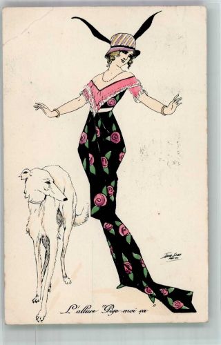 Elegante junge Frau mit einem Windhund Mode Hutmode Künstlerkarte Art Deco 1914 Gebrauchsspuren