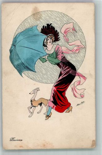 Elegante junge Frau mit kleinem Hund im stürmischen Regenschauer Künstlerkarte Sager, Xavier Gebrauchsspuren