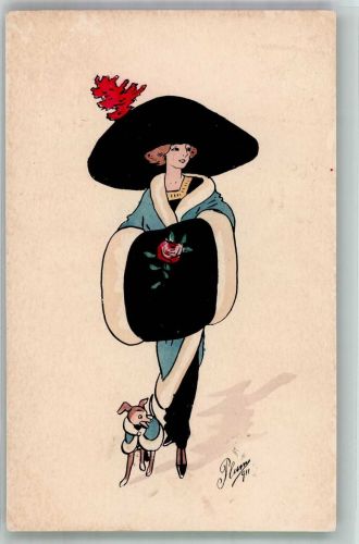 Elegante junge Frau mit kleinem Hund Hutmode Künstlerkarte Muff 1911 Gebrauchsspuren