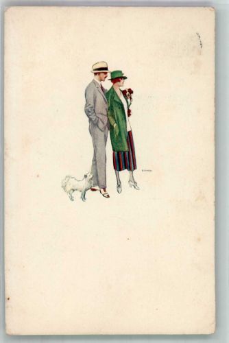 Elegantes Paar mit zwei kleinen Hunden Mode Hutmode Künstlerkarte Art Deco 1923 Gebrauchsspuren