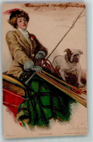 Elegante Frau auf dem Kutschbock mit Bulldogge Mode Hutmode Künstlerkarte Ralph, L. Gebrauchsspuren