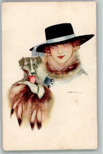 Portrait einer eleganten jungen Frau mit einem kleinen Hund Hutmode Künstlerkarte Nanni, G. Gebrauchsspuren