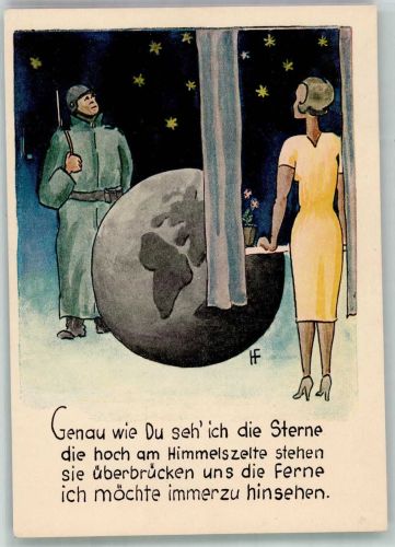 Verliebtes Paar denkt beim Blick in den Sternenhimmel an den jeweils anderen Soldatenliebe WK II Künstlerkarte