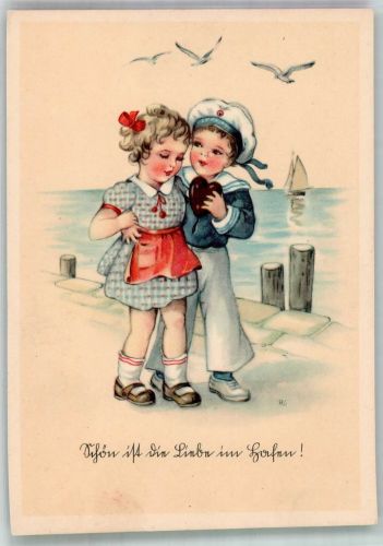 Kindlicher Matrose mit Lebkuchenherz für sein Mädel WK II Matrosenliebe Künstlerkarte