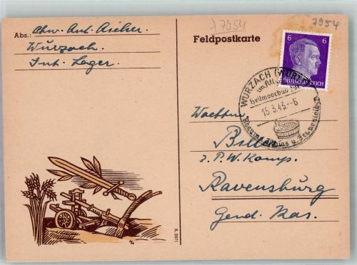 W7954 Bad Wurzach Schwerter und Pflugscharen Ort lt. Feldpoststempel Feldpost WK I / WK II 1943