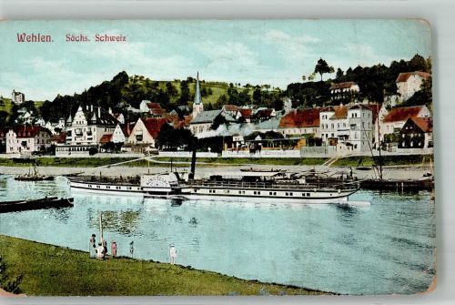 01829 O8306 Wehlen Stadt 1909 Gebrauchsspuren Elbeschiff Raddampfer König Georg vor dem Ort mit Ev. Kirche