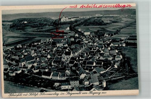 91443 W8533 Scheinfeld Gebrauchsspuren Fliegeraufnahme des Ortes mit Schloss Schwarzenberg