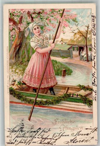 03222 O7543 Lübbenau 1903 Prägedruck Frau in Spreewaldtracht auf Spreewaldkahn Pfingsten Künstlerkarte Ort lt. Recherche