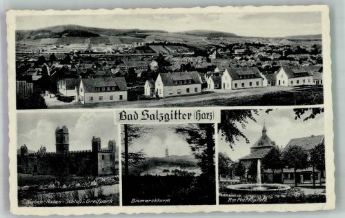 38226 W3320 Salzgitter 1939 Foto AK Panorama des Ortes Sieben-Raben-Schloss Bismarckturm Brunnen am Marktplatz