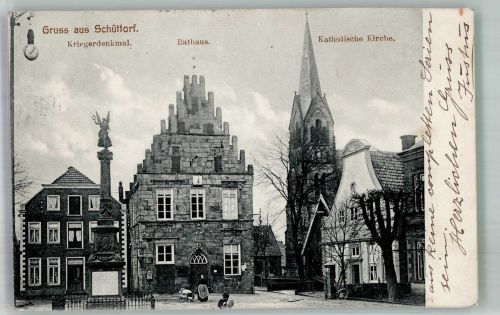 48465 W4443 Schüttorf 1913 - Kriegerdenkmal Rathaus und Kirche Mariä Verkündigung Fotograf Löhnberg Bahnpost Salzbergen Zug 918