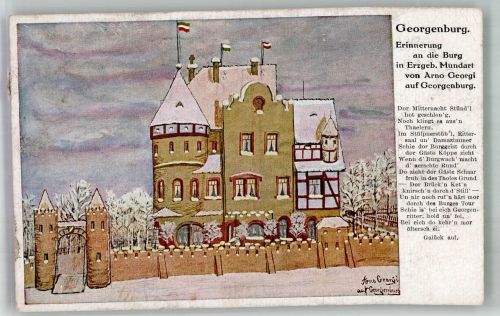 08352 O9443 Raschau , Erzgeb 1918 Künstlerkarte sign. Georgi, Arno Die Georgenburg mit Heimatgedicht in Ergebirger Mundart Bahnpost Werdau-Annaberg Zug 1952