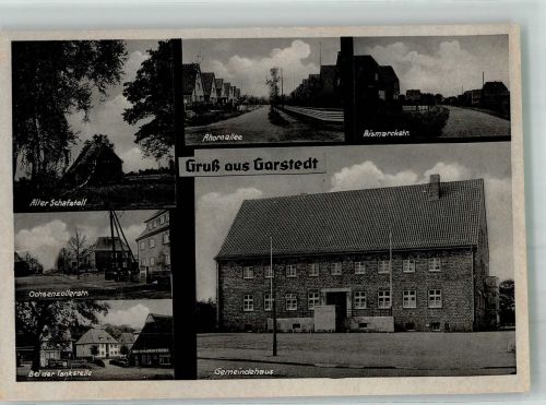 22844 W2000 Garstedt b Hamburg Foto AK Tankstelle Gemeindehaus alter Schafstall Ochsenzollerstrasse