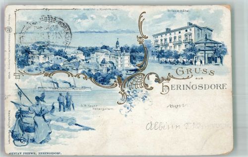 17419 O2251 Seebad Heringsdorf 1898 Lithographie S.M. Yacht Hohenzollern Strand Hotel Bahnpost Ducherow-Seebad Heringsdorf