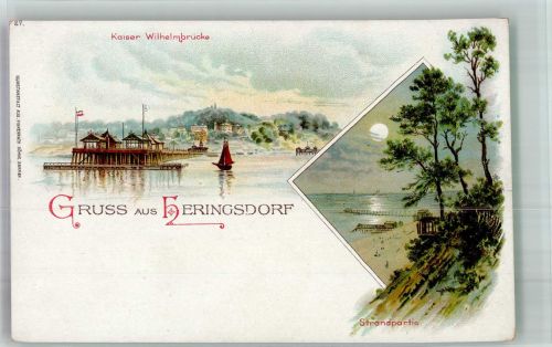 17419 O2251 Seebad Heringsdorf Lithographie Kaiser Wilhlem -Brücke Strandpartie