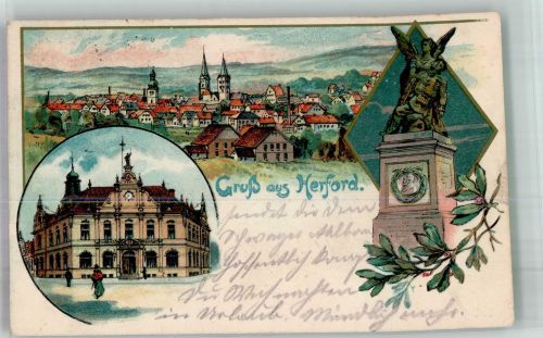 32049 W4900 Herford 1904 Lithographie Bahnpost Cöln-Hannover Zug 1 Denkmal Rathaus