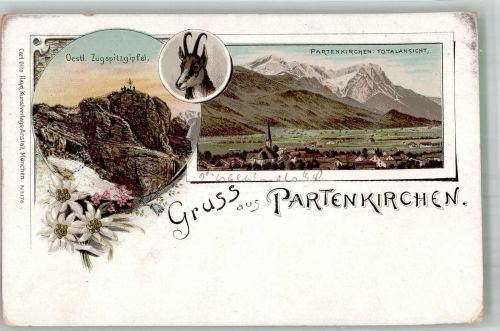 82467 W8100 Partenkirchen Lithographie Zugspitzgipfel Gämse