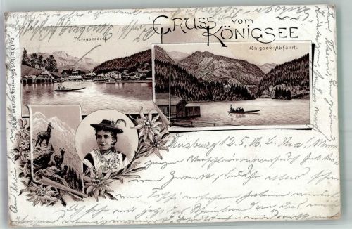 83471 W8240 Königssee b Berchtesgaden 1906 Lithographie Tracht Gämse Königssee