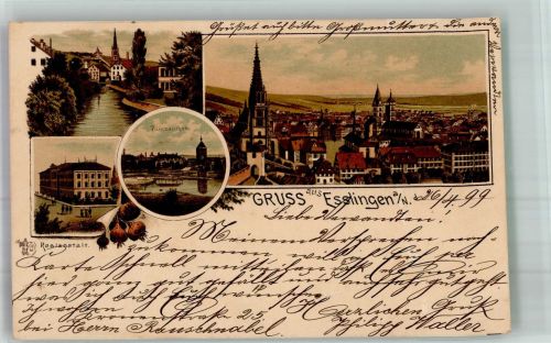 78532 W7200 Eßlingen , Baden 1899 Lithographie Realanstalt Kirche