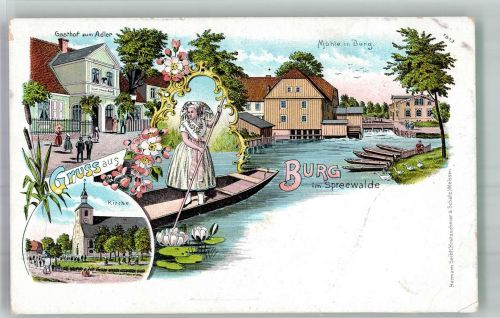 03096 O7502 Burg , Spreewald Lithographie Mühle Tracht Kirche Gasthaus zum Adler Spreewald