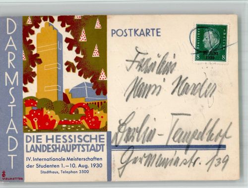 W6100 Darmstadt IV. Internationale Meisterschaften der Studenten sign. Vielmetter Kunstgeschichte Darmstadt 1930 BOAKC