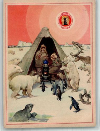 Werbung für Dapol Heizöfen Eisbär Eskimo Pinguin Elch Robbe Expedition Nordpol BOAKC