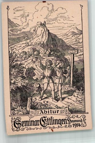 W7505 Ettlingen Studentika 1914 Abitur Lithographie / Künstlerkarte