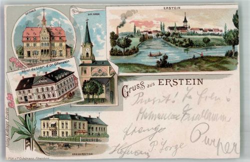 67150 Erstein 1897 Gebrauchsspuren Rathaus Hotel zum Löwen kath. Kirche Kreisdirektion Lithographie beschnitten