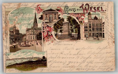 46483 W4230 Wesel a Rhein 1901 Gebrauchsspuren Denkmal der 11 Schillschen Offiziere Rathaus Marktplatz Kirche Lithographie