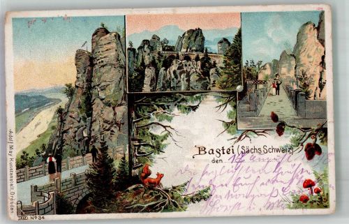 01847 O8351 Bastei 1896 Gebrauchsspuren Sächsische Schweiz Bastei Lithographie