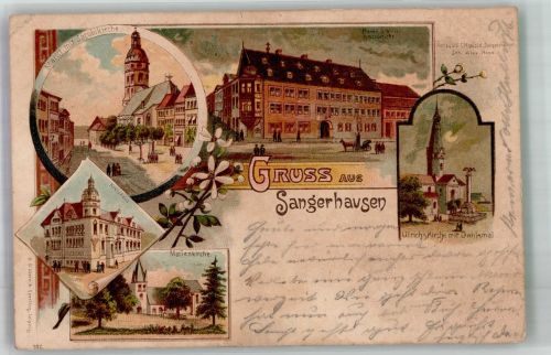06526 O4700 Sangerhausen 1898 Gebrauchsspuren Amtsgericht Marktplatz Jacobi-Kirche Marienkirche Ulrichskirche Denkmal Lithographie