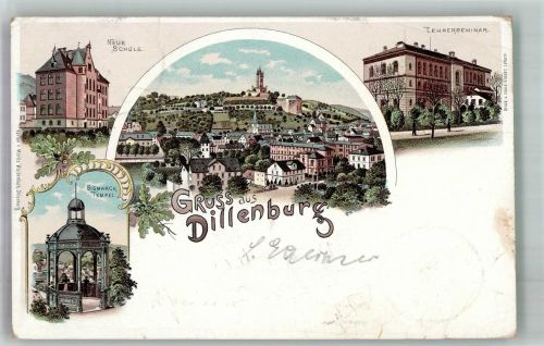 35683 W6340 Dillenburg 1897 Gebrauchsspuren Bismarck Tempel Lehrerseminar Neue Schule Lithographie