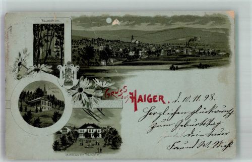 35708 W6342 Haiger 1898 Gebrauchsspuren Schützenhaus Stadthaus Marktplatz Mondschein Lithographie Mittelbug