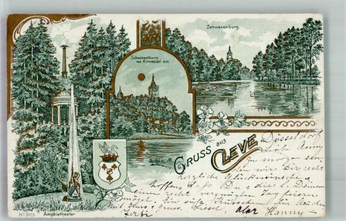 33829 W4807 Cleve 1900 Gebrauchsspuren Amphietheater Denkmal Säule Schwanenburg Lithographie