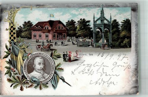 06686 O4854 Lützen 1897 Gebrauchsspuren Denkmal und Portrait Gustav Adolf König von Schweden Lithographie
