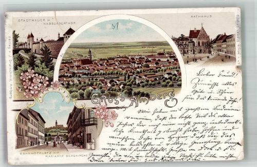 92224 W8450 Amberg , Oberpf 1897 Gebrauchsspuren Rathaus Bahnhofplatz Kirche Maria Hilf Stadtmauer Lithographie Einriss