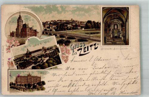 06712 O4900 Zeitz , Elster 1897 Gebrauchsspuren Postmat Schloss Moritzburg Schloss- Kirche Lithographie