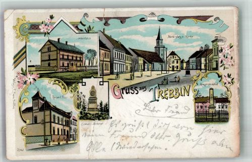 14943 O1711 Trebbin 1902 Gebrauchsspuren Krankenhaus Postamt Bismarck-Denkmal Lithographie Mittelbug