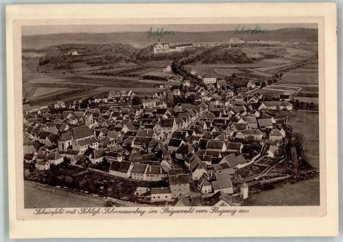 91443 W8533 Scheinfeld 1937 FOTO KEINE AK Fliegeraufnahme Schloss Schwarenberg Original aufmontierte Verlagsmusterkarte