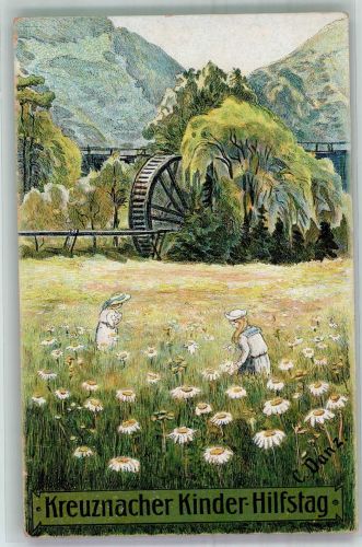 W6550 Bad Kreuznach Kinderhilfstag sign. C. Danz Kinder pflücken Margeriten Blumentag Lithographie / Künstlerkarte