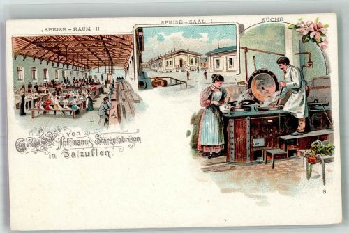 W4902 Bad Salzuflen Nr. 8 Fabrik Speisesaal I und II , Küche Hoffmann´s Stärke 1899 Lithographie