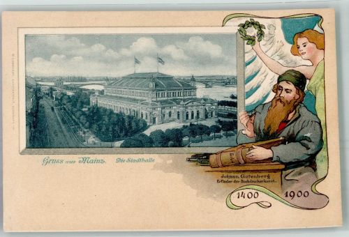 W6500 Mainz a Rhein Stadthalle Jugendstil Gutenberg 1900 Lithographie