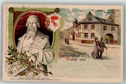 W6500 Mainz a Rhein Feier 1900 Gutenberg Serie Nr. 1 Gutenberg 1900 Lithographie / Mondschein
