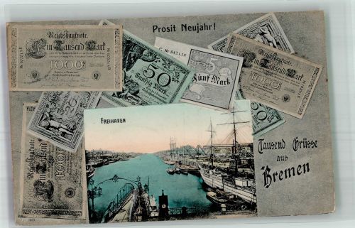 W2800 Bremen Neujahr Freihafen Geldschein auf AK 1909