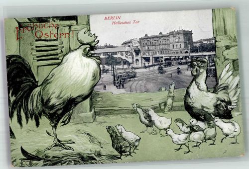 W1000 Berlin Mitte Hallesches Tor Straßenbahn Ostern Küken Städteglückwunsch 1906 Lithographie / Künstlerkarte