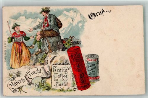 Bayer. Tracht , Seelig Kaffee Essenz Kaffeewerbung Lithographie / Künstlerkarte